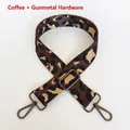 Detail of coffee leopard print thick nylon strap with gunmetal swivel hooks and buckle - Coffee + Gunmetal Hook