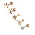 Detailed set of 5 rose gold stainless steel earrings featuring star, moon and feather designs - Set 20 (Rose Gold/Drill Moon Rose Feather)