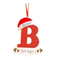 Detail of red glitter Christmas letter B ornament with Santa hat and ribbon - Letter B