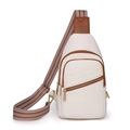 Chic cream litchi leather sling bag with contrasting brown trim and geometric strap - White