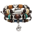 Bohemian multilayer leather bracelet with wooden beads and vintage metal charms on white back - Brown Silver Cyan Retro Heart Moon Style (07)