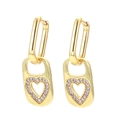 Golden heart-shaped lock earrings with purple crystals and rectangular clips - Gold-Purple