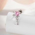 Silver micro-set stud with pink heart and clear teardrop zircon crystals - Single Piece / Pink