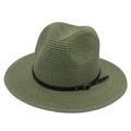 Dettaglio ravvicinato della trama del cappello Panama verde oliva con cinturino in pelle nera - Taglia Unica (Paglia Piatta) / Verde Militare (Fascia in Pelle Nera)