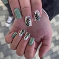 Short square press on nails in sage green with hand-painted gold leaf patterns - Gold Foil Leaf Sage Green Style (JP1681) / 24Pcs (Includes 1g Glue)