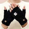 Thickened black plush knit half-finger gloves with decorative patch for winter warmth - Black Label Style
