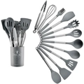 13-piece gray silicone cooking utensils set with stainless steel handles and storage bucket - 12-Piece Round Bucket Set / Gray
