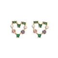 Boucles d'oreilles cœur dorées avec pierres vertes, roses, violettes et perles blanches - Cœur