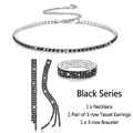 Detailed view of black rhinestone jewelry set including choker, tassel earrings and bracelet - Gun Black Black Rhinestone 3-Piece Set