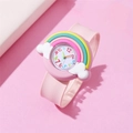 Pink cartoon watch for kids featuring a rainbow cloud dial and analog quartz movement - Pink Rainbow