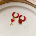 Asymmetric gold heart lock and key earrings with red enamel finish on white plate - 138# Asymmetric Heart Lock and Key (Silver Earring Post) / Red/Gold