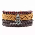 Conjunto de pulseras de cuero multicapa con cuentas rojas y mano de Fátima plata - Estilo Mano de Hamsa (3)