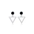 Minimalist S925 sterling silver geometric drop earrings with black circle and hollow triangle - Silver