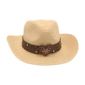 Stylish women's woven straw cowboy hat featuring a heart buckle and rhinestone detail - Beige