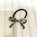 Minimalist black elastic hair tie with a shiny silver metallic bow pendant decoration - Style D / Silver