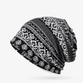 Women's 2-in-1 black and white paisley floral pattern beanie hat and neck gaiter - Black Paisley