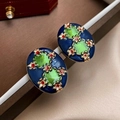 Vintage oval earrings featuring navy blue enamel with gold flowers and red gemstones - 11 Silver Pin-Green Flower Oval