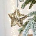 Stella di Natale dorata scintillante con paillettes e nastro grigio su un ramo di pino - 1 Pezzo / Oro