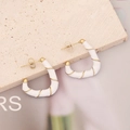 Chic gold-plated C-shaped hoop earrings with white enamel texture on elegant stone base - White