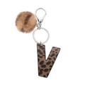 Leopard print leather letter V keychain with brown pompom and silver metal hardware - Leopard Letter V