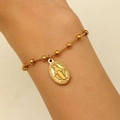 Vintage gold beaded bracelet featuring a Virgin Mary oval pendant and small metal beads - Gold Beaded Style (01 18k Gold 9763)