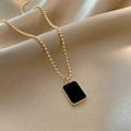 Elegant gold beaded necklace with rectangular black enamel pendant on champagne satin - 263# Stainless Steel Necklace Square Gold