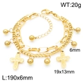 Double-layer golden stainless steel chain bracelet with cross pendants and round beads - Style D Gold (KB187008-Z)