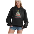 Women's black fleece hoodie with colorful Christmas book tree print and drawstring hood - S / Tops / Black-Book Christmas Tree