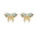 Golden butterfly stud earrings with blue eye pattern and colorful cubic zirconia gems - Gold Butterfly - Blue Eye