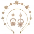 Detailed view of gold star headband and crescent earrings set with sparkling rhinestones - Jewelry Set / Gold