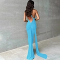 Elegant backless floor-length evening dress in blue with refined waist pleats - XS / Sky Blue