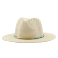 Classic wide brim straw hat with turquoise beads and gold metal trim for summer sun protection - Beige