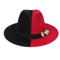 Top view of two-tone red and black fedora hat with pearl and white flower accessories - Black Red With Pearls