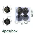 Set of 4 black Christmas balls with gold glitter snowflakes and pine tree patterns - 4 Pcs/Box / Black