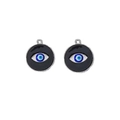 Close-up of circular black enamel charms with blue evil eye design and silver metal frame - Style 3-Round Silver Black Border Blue Eye