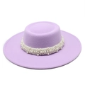 Detail of lavender wide-brim boater hat featuring elegant white pearl ribbon decoration - M (56-58cm) / Taro Purple