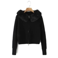 Women's black knit cardigan with faux fur collar and central zipper closure - S / Black
