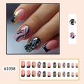 Long press-on nails set B1998 featuring black french tips and gold leaf details - BKS1998 Gold Foil Medium French