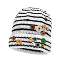 Bonnet en tricot rayé noir et blanc pour femmes avec boutons décoratifs colorés - Blanc cassé (Rayé Noir et Blanc)