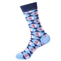 Sky blue cotton crew socks with dark blue geometric rhombus patterns and ribbed cuffs - 1079-Blue Red Geometric