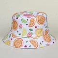 Detailed view of white bucket hat with colorful fruit prints and quality stitching - M (56-58cm) / White Base Fruit Orange