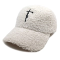Detail of cross and faith embroidery on white sherpa fleece baseball cap for winter - M (56-58cm) / Beige
