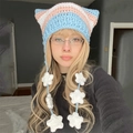 Pink white and blue striped knit cat ear beanie with star charm ties for women - Adult 56-59cm / Blue Pink White