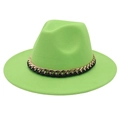 Macro shot of bright green felt fedora hat featuring a gold chain and black leather band - M (56-58cm) / Fruit Green (Black Chain Decor)