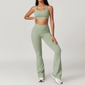 Women's light green yoga set featuring a supportive sports bra and high-waisted flare pants - S / Top And Bottom / Flared Pants Set / Bean Green
