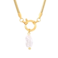 Gold snake chain necklace featuring a vintage star and baroque pearl pendant - Large Ring Irregular Pearl Style (KN234962-Z)