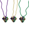 Three Mardi Gras bead necklaces with gold, green, and purple sequin jester mask pendants - Jester A Sequin Three-Color Necklace Set