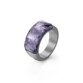 Modern wide band titanium steel ring featuring a faceted purple gemstone and brushed finish - US 7