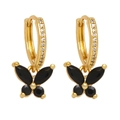 Elegant gold butterfly drop earrings with black zircon stones and small crystals - Black