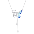 Silver necklace featuring a blue butterfly and snake pendant with elegant beaded tassels - Butterfly Style (LI355)